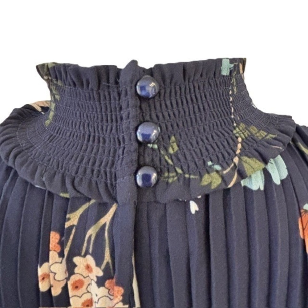 Nanette Lepore Pleated Midi Dress Women 6 Navy Blue Floral Smocked Waist - Picture 12 of 15